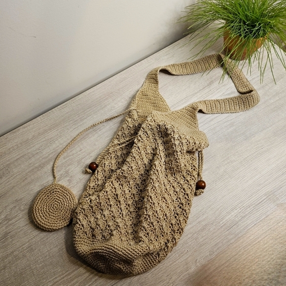 Crochet 100% Rayon Tan Hobo Bag  Drawstring Slouchy Summer Beach Minimalist - Picture 10 of 10